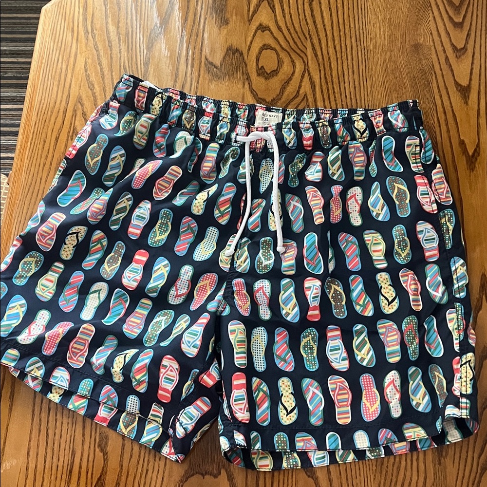 Old Navy Black Swim Trunks with Multicolor Flip-Flop Print. Like new